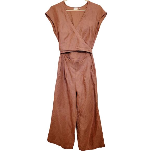 Aritzia Wilfred linen wrap tie brown wide leg jumpsuit Size 2 Hygge Eco Scandi - Picture 1 of 13